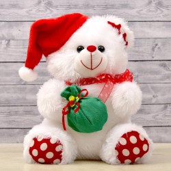 White 15 Inch Christmas Teddy Bear with cap and santa potli